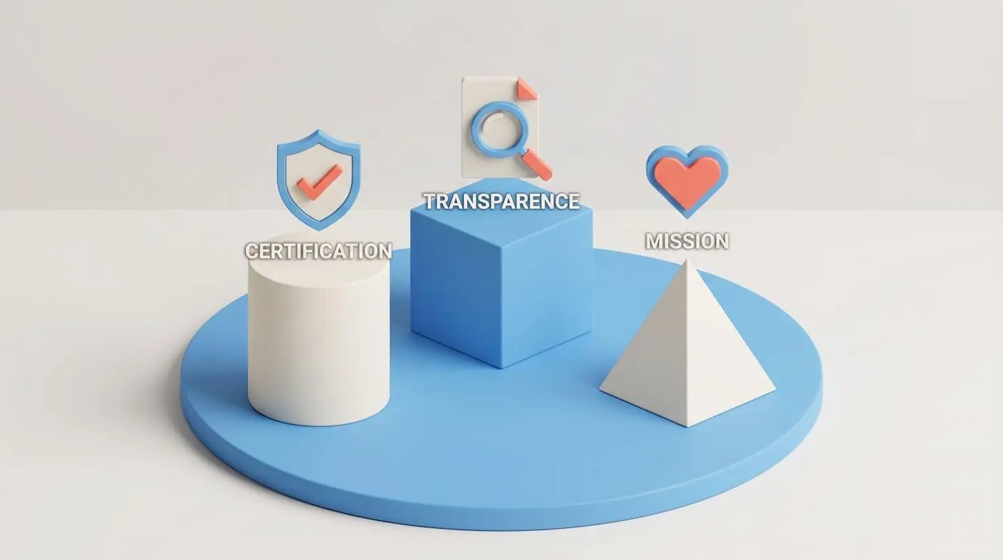 Illustration 3D isométrique représentant trois piliers géométriques avec symboles de certification, transparence et mission caritative sur base circulaire commune