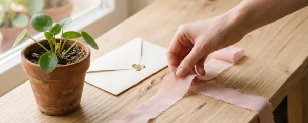 Main posant délicatement un ruban rose sur une surface en bois clair à côté d'une petite plante verte et d'une enveloppe blanche, symbolisant le soutien et l'espoir face au cancer