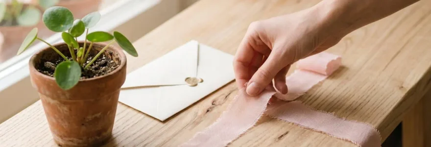 Main posant délicatement un ruban rose sur une surface en bois clair à côté d'une petite plante verte et d'une enveloppe blanche, symbolisant le soutien et l'espoir face au cancer