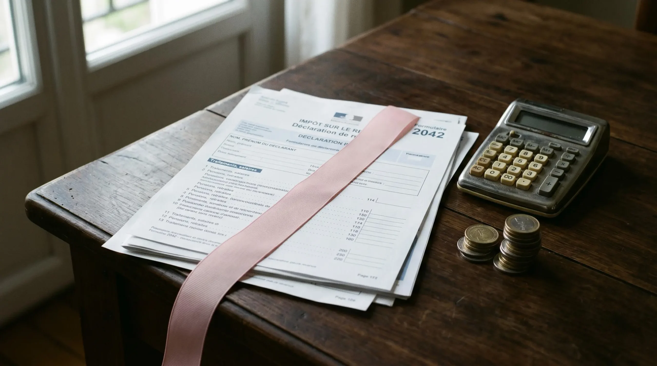 Nature morte montrant formulaire fiscal français 2042, calculatrice vintage, pièces empilées et ruban rose sur table en bois sombre avec éclairage latéral doux